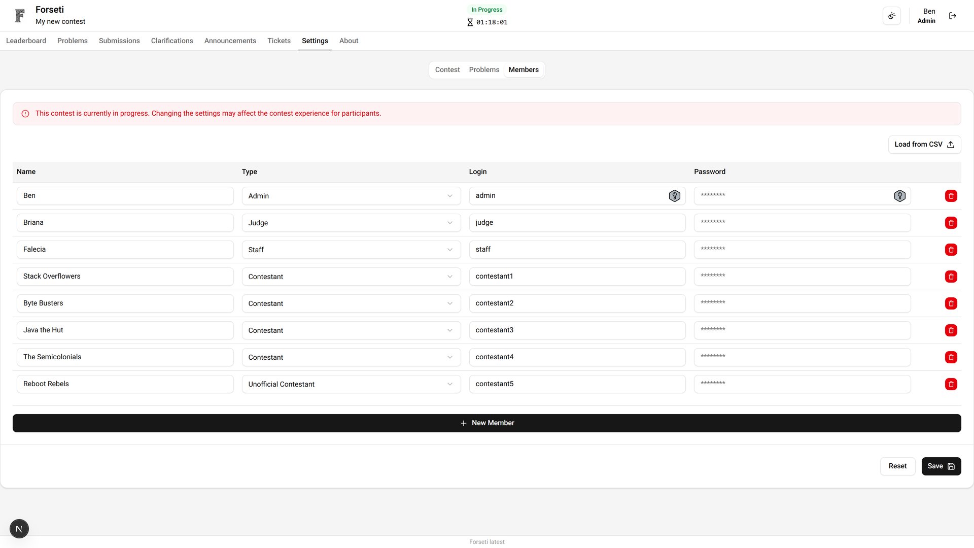 Settings page members
